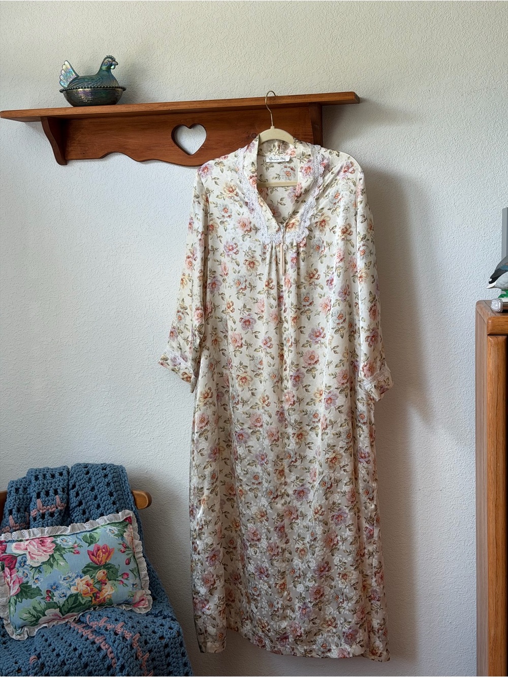 Vintage Christian Dior long sleeve floral satin lounge nightgown